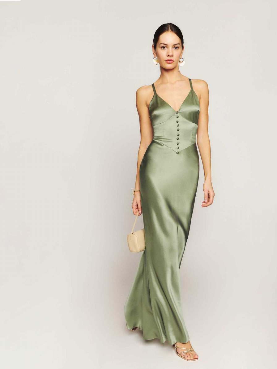 Dark Green Reformation Esa Silk Women's Dress | UK-726354