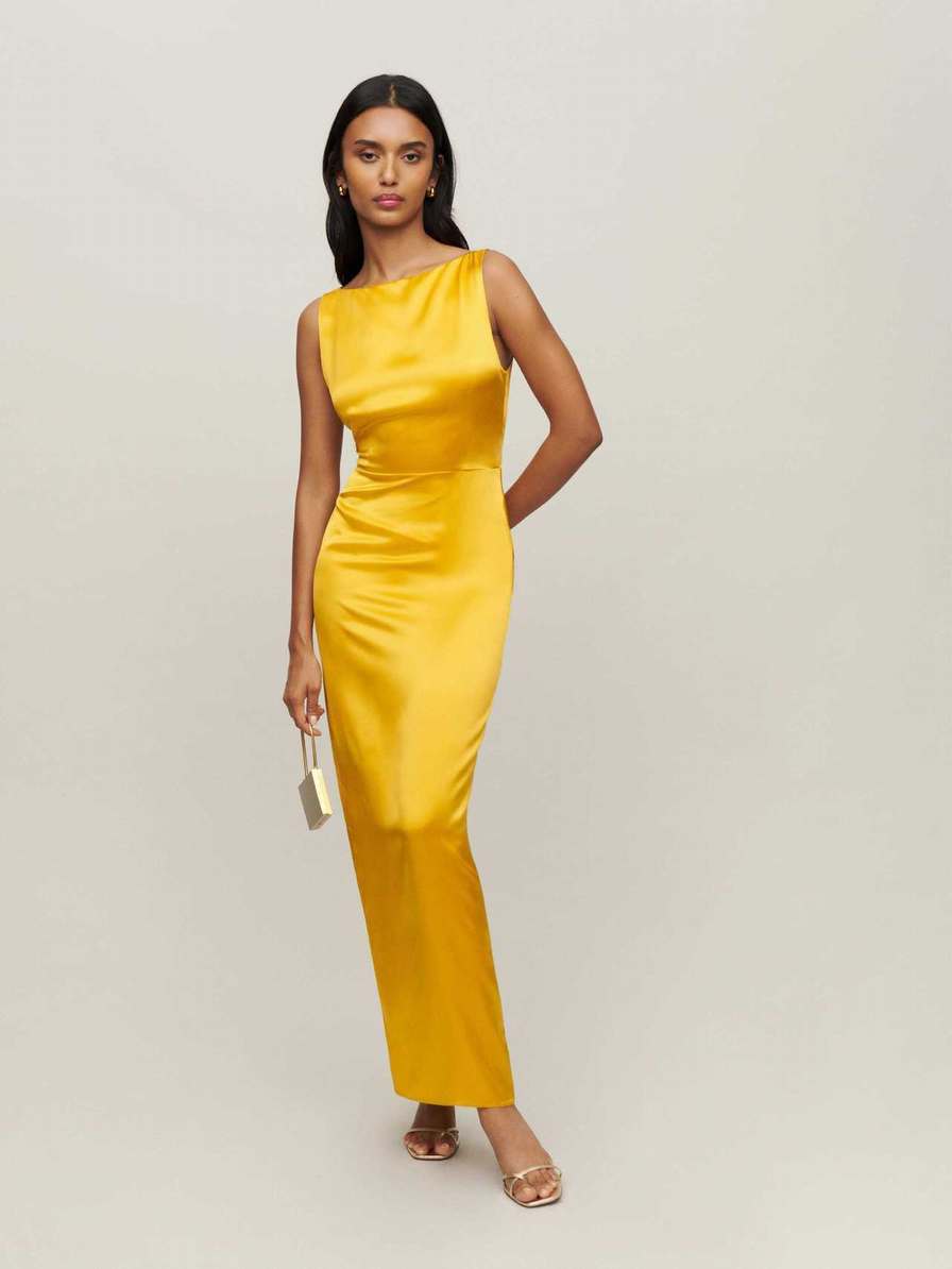 Yellow Reformation Zya Silk Women's Dress | UK-547182